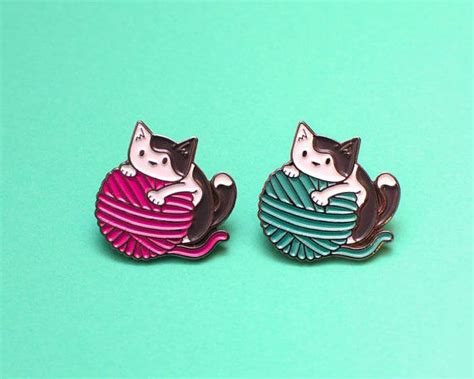 Cute Cat Enamel Pin Cat And Yarn Teal Etsy Canada Cat Enamel Pin Enamel Pins Pin