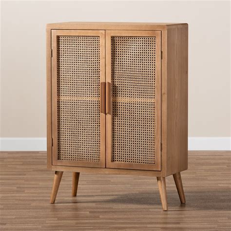 Baxton Studio Mid Century Brown Oak Finished Wood And Rattan Storage