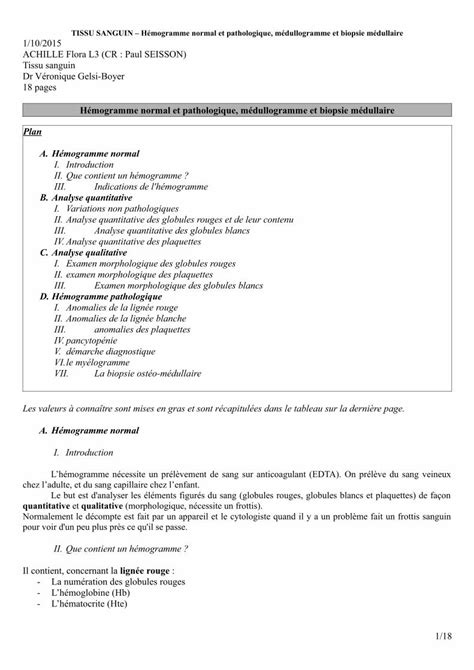 PDF TISSU SANGUIN Hémogramme normal et mogramme Medullogra