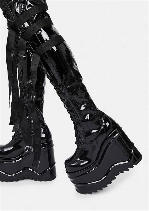 Demonia Wave 315 Patent Wedge Thigh High Bootsnn Dolls Kill