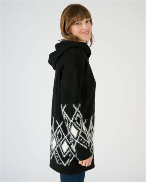 Lange Cardigan Met Kap Harig Jacquardtricot Thermolactyl Pull En