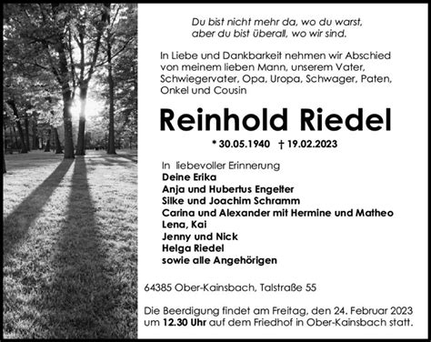 Traueranzeigen Von Reinhold Riedel Vrm Trauer De