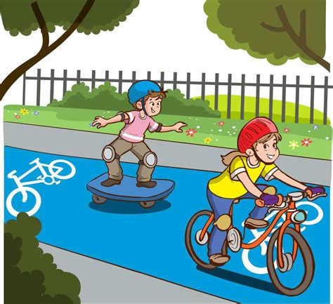 Ni Os Ciclismo Y Patinar El Bicicleta Camino Dibujos Animados Vector