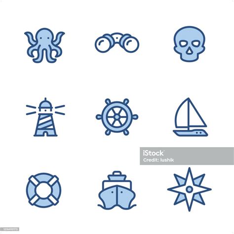 Marine Pixel Perfect Blue Icons Stock Illustration Download Image Now Octopus Binoculars