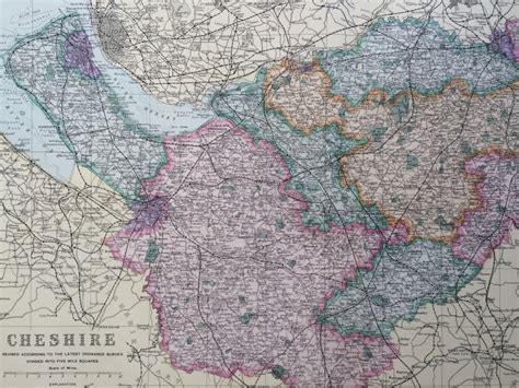 1907 CHESHIRE large original antique map, 20.5 x 13.5 inches ...