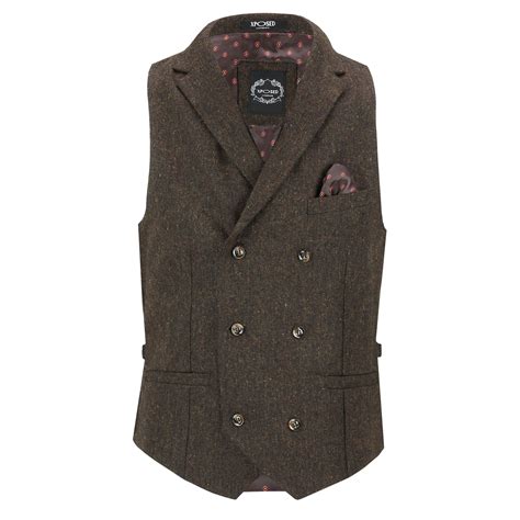 Mens Tweed Waistcoat Vintage Collar Double Breasted Smart Tailored Fit