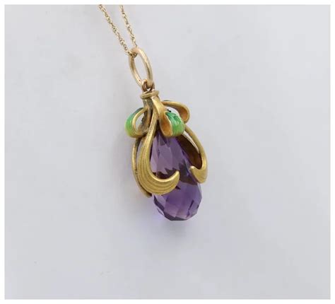 Art Nouveau Amethyst Briolette Enamel And 14K Gold Swirl Charm Ruby