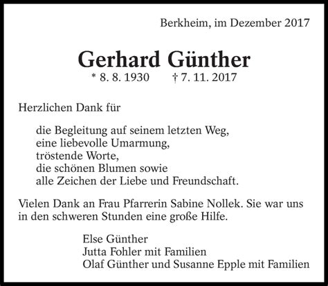 Traueranzeigen Von Gerhard G Nther Zeit Des Gedenkens De