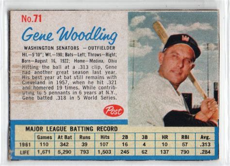 Gene Woodling 1962 Post 71 Senators Hand Cut PR 902 EBay