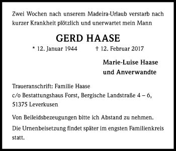 Traueranzeigen Von Gerd Haase WirTrauern