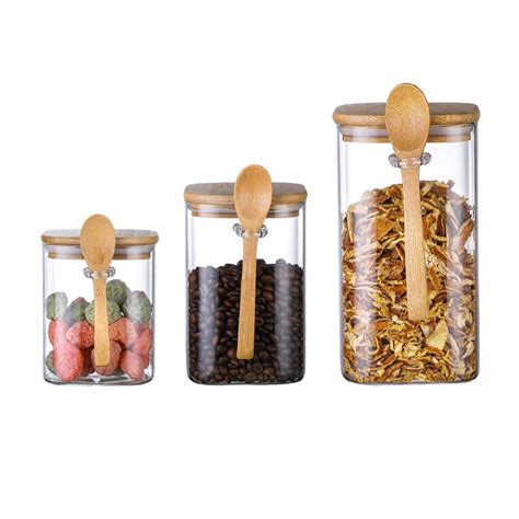 Witop Set Of 3 Square Glass Food Storage Containers With Bamboo Lids And Spoons Decorative