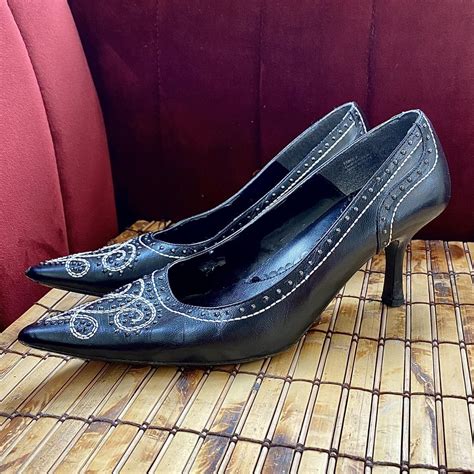 Vintage 90s Western Style Leather Heels Black... - Depop