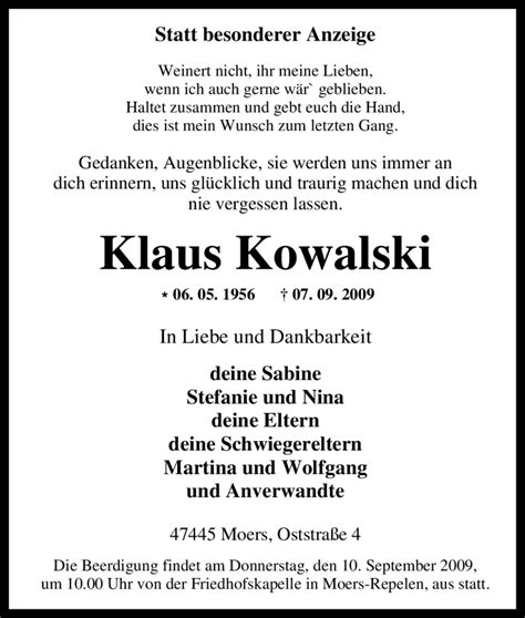 Traueranzeigen Von Klaus Kowalski Trauer In Nrw De