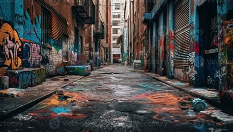 Run down city street reveals poverty and vandalism generated by AI ...