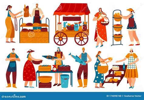 People on Marketplace, Buying and Selling Healthy Local Food, Vector Illustration Stock Vector ...