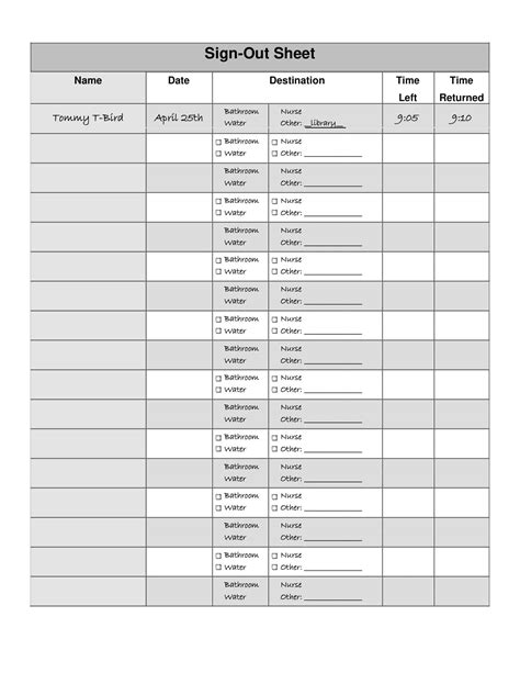 Printable Sign Out Sheet