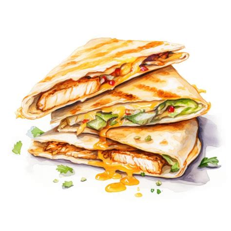 Watercolor-Style Chicken Quesadilla with White Background Stock ...