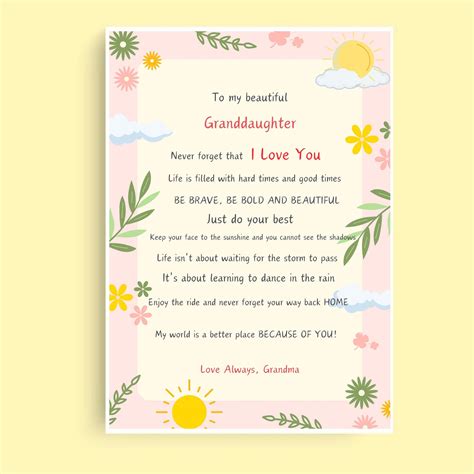 Granddaughter Poem From Grandmother To My Granddaughter Card Print