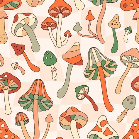 Premium Vector Groovy Mushrooms Seamless Pattern On Checkerboard