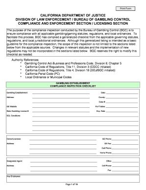 Fillable Online Oag Ca Bgc Field Rep Cardroom Inspection Checklist Bgc