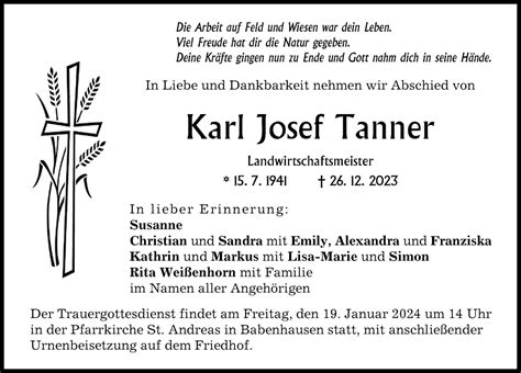 Traueranzeigen Von Karl Josef Tanner Allg Uer Zeitung