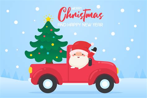 Cartoon Santa Driving Red Car To Deliver Christmas Tree 1758556 Vector