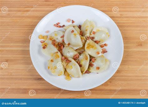 Cooked Filled Dumplings Flavored With Fried Bacon And Onion Stock Photo