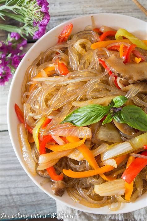 Spicy Korean Glass Noodles With Sweet Peppers And Shiitake Mushrooms