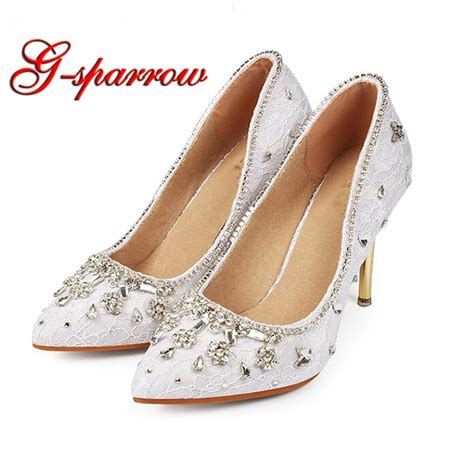 Promotion Price Elegant Pointed Toe Women Wedding Dress Shoes White Lace Rhinestone Prom Party ...