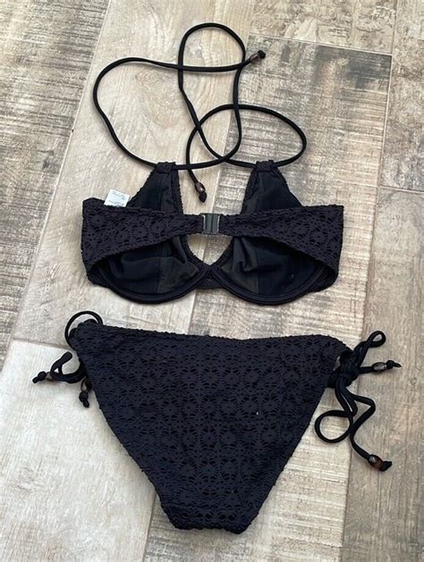 Freya Black Crochet Halter Bikini Swimsuit Set Size Gem