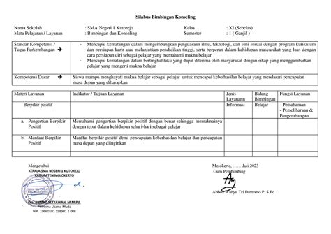 Silabus BK Kelas XI Silabus Bimbingan Konseling Nama Sekolah SMA