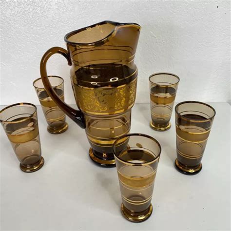 Mcm Bohemian Pitcher Glass Set 6 Glasses Czechoslovakia Gold And Amber Floral £115 18 Picclick Uk