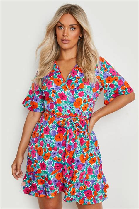 Womens Plus Floral Print Wrap Ruffle Tea Dress Boohoo Uk