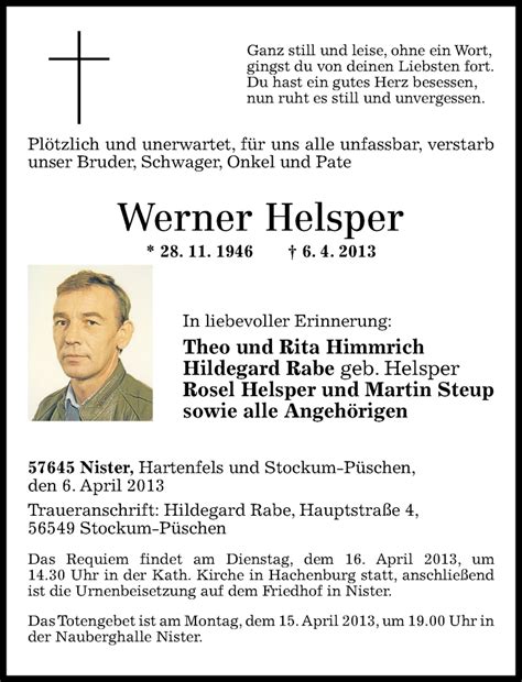 Traueranzeigen Von Werner Helsper Rz Trauer De