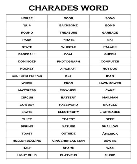 Printable Charades List For Adults | Charades words, Charades, Charades ...