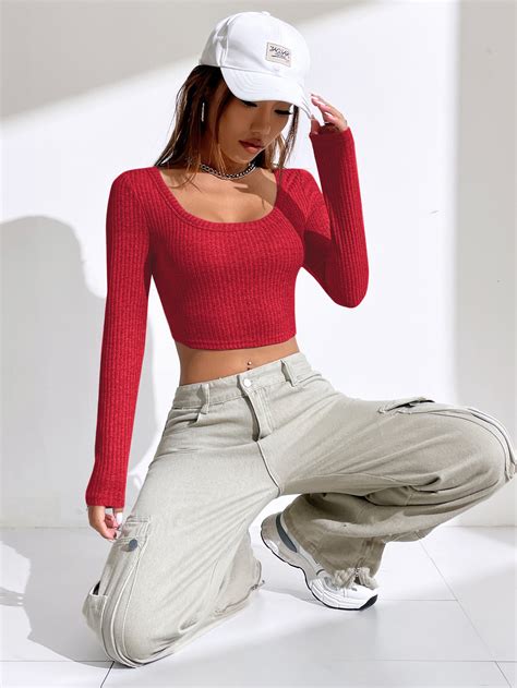 Shein Ezwear Scoop Neck Ribbed Knit Crop Tee Shein Usa