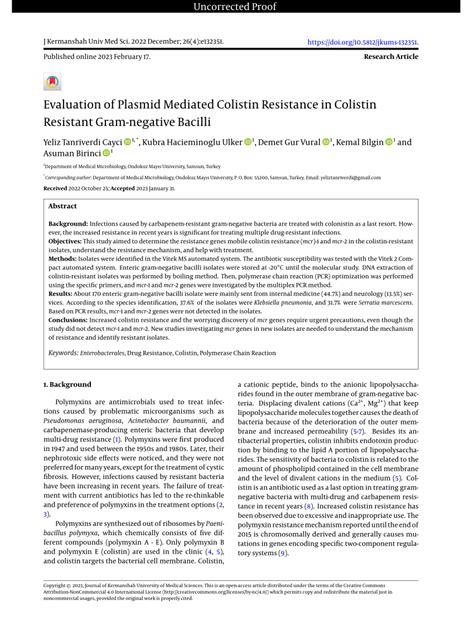 Pdf Evaluation Of Plasmid Mediated Colistin Resistance In Colistin