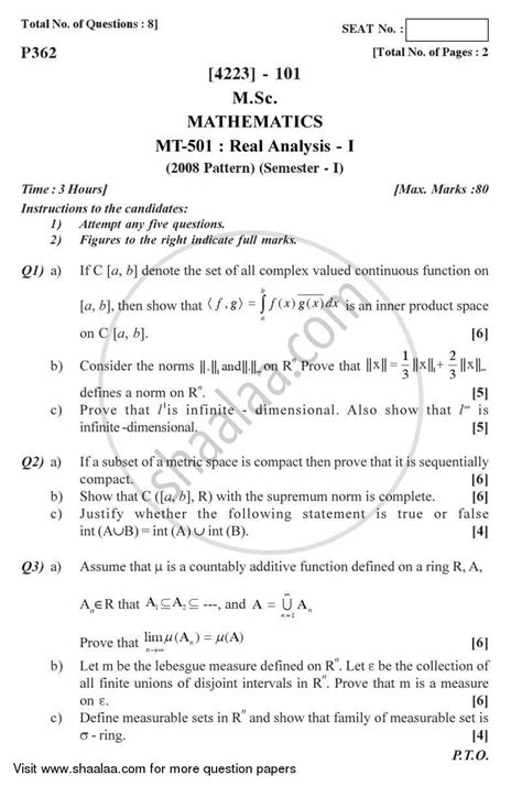 Real Analysis 1 2012 2013 Msc Mathematics Semester 1 Question Paper