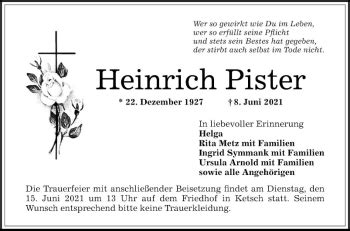 Traueranzeigen Von Heinrich Pfister Trauerportal Ihrer Tageszeitung