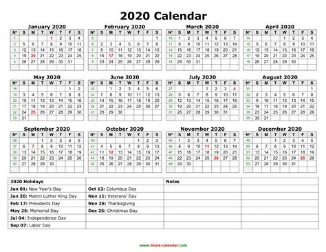 2020 Calendar With Week Numbers And Holidays