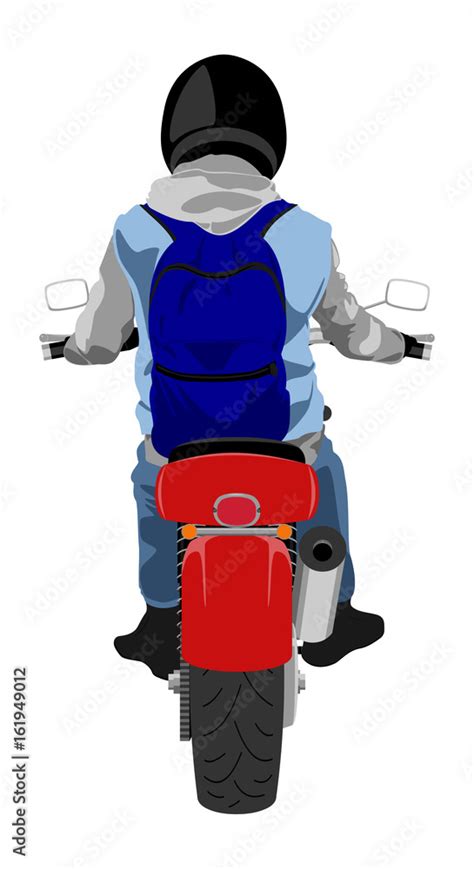 Color Classic Motorcycle With Biker Wearing Backpack Back View Graffiti