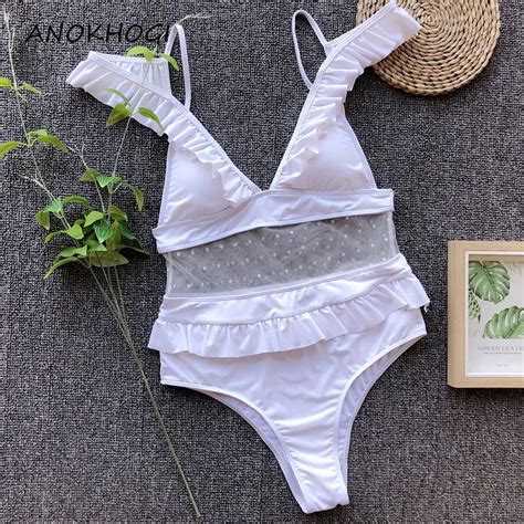 White Lace Patchwork Women One Piece Swimsuits Padded Ruffles Maillot