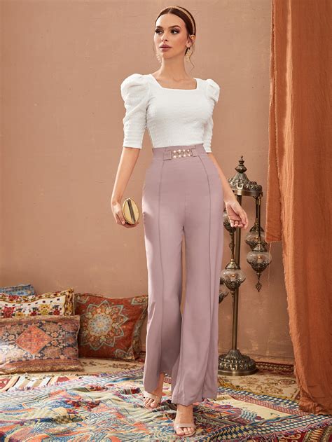 Shein Modely Pantalones De Pierna Ancha Unicolor Con Cuenta Con Perla