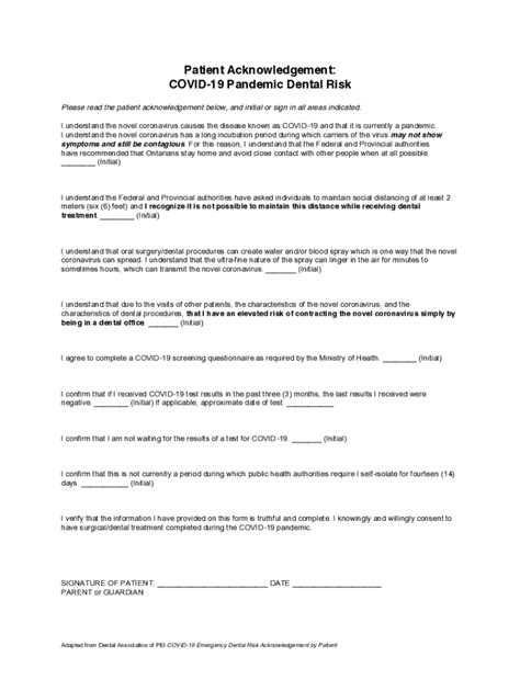 Fillable Online Patient Acknowledgement For Covid Pandemic Risk