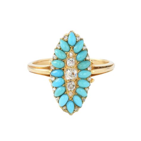 Victorian K Gold Turquoise Diamond Navette Ring Ejay Antiques