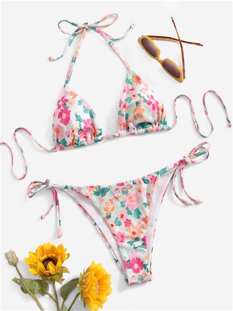 Shein Swim Mod Floral Ribbed Bikini Set Halter Triangle Bra Top Tie