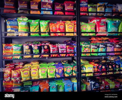 BILASPUR, INDIA - Oct 26, 2021: A bunch of packaged chips in a salted ...