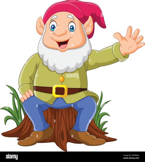 Cartoon Happy Dwarf Sitting On Tree Stump Stock Vector Image And Art Alamy