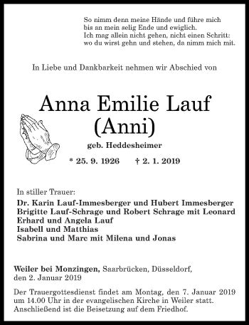 Traueranzeigen Von Anna Emilie Lauf Rz Trauer De