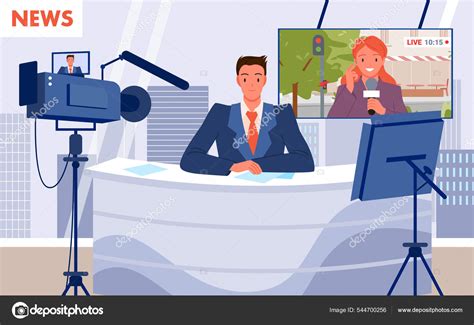 Cartoon Scene With Live Interview Of Woman Journalist Holding